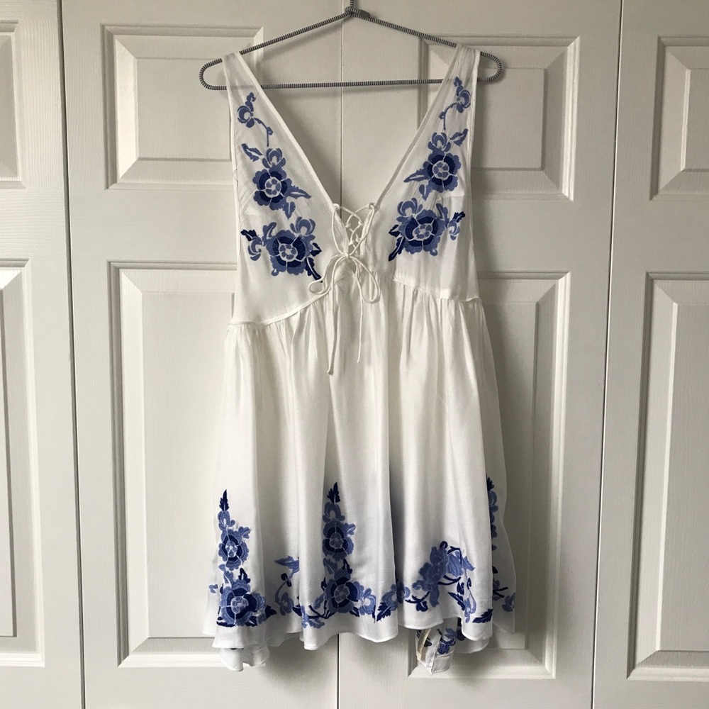 Free People white tank with blue embroidery